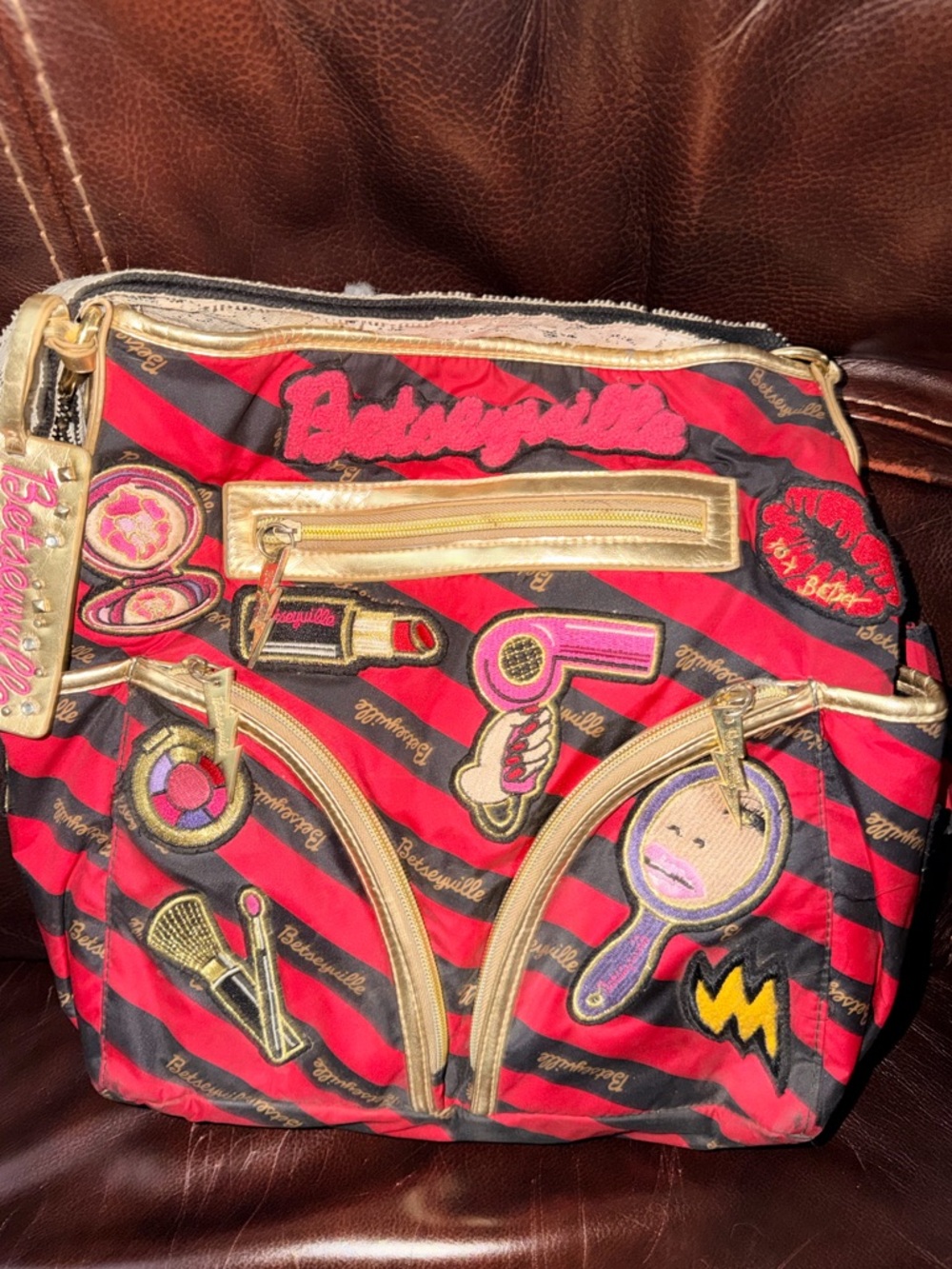 Betsey Johnson Betseyville Embroidered Makeup Patches Purse Handbag, Y2K